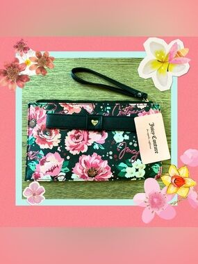 Juicy Couture Black Floral Zip Wristlet Wallet